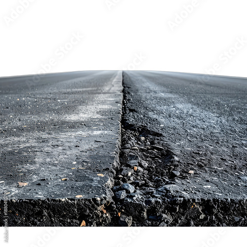 A dramatic, low-angle view of a cracked asphalt road edge against a black background.