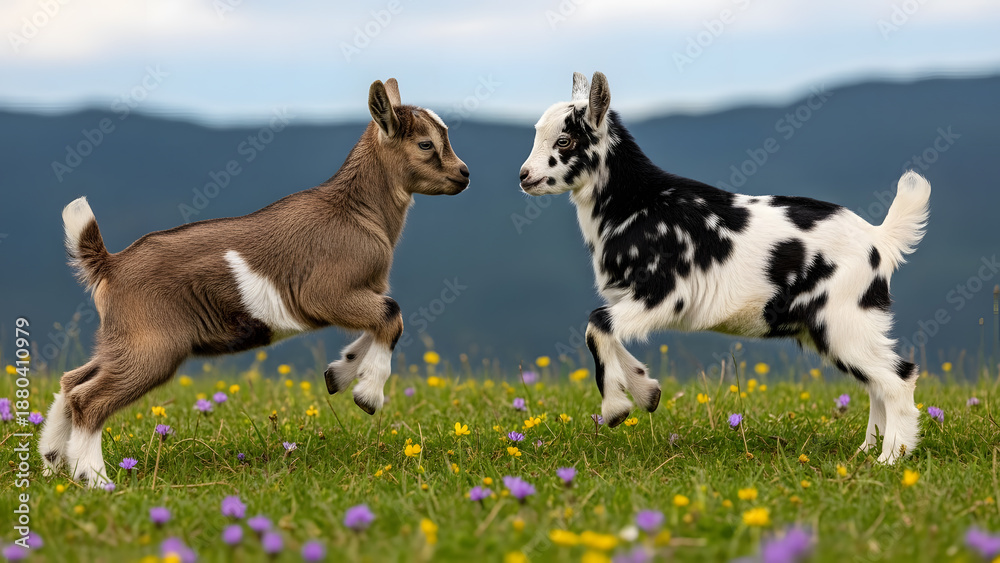 Obraz premium Energetic brown and spotted baby goats playfully jumping in a beautiful mountain meadow with wildflowers.