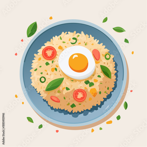 Delicious Fried Rice with Egg and Vegetables on a Plate.