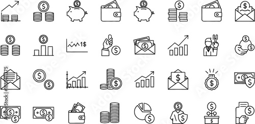 Financial icons set with money, charts, and envelopes
