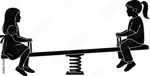 Black Silhouette of Two Young Girls Playing on a Seesaw at a Playground, Isolated Vector Illustration for Childhood and Friendship Concepts