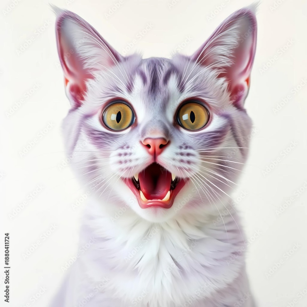Fototapeta premium Lilac cat, mouth agape in surprise, wide eyes on white , studio shot, wide eyes