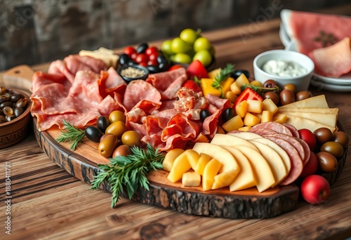 Lavish gourmet platter featuring assorted premium cold cuts, artisanal cheeses, olives, and fresh fruit on a rustic wooden board, perfect for sharing,  platte,  baguette