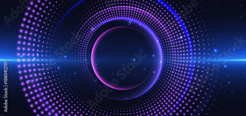 Dotted circles purple glowing futuristic tech on dark blue background.