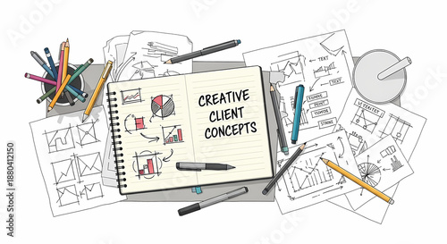 Creative client concepts sketchbook on a designers messy desk.