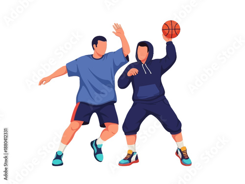 Flat vector illustration of two basketball players in action