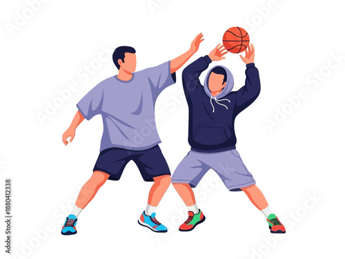 Flat vector illustration of two basketball players in action