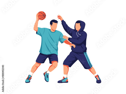 Flat vector illustration of two basketball players in action
