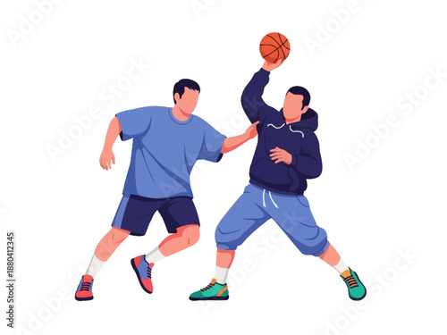 Flat vector illustration of two basketball players in action