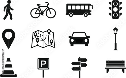 City traffic and navigation icons set featuring map pins car bus bicycle pedestrian traffic light parking sign and urban transportation symbols