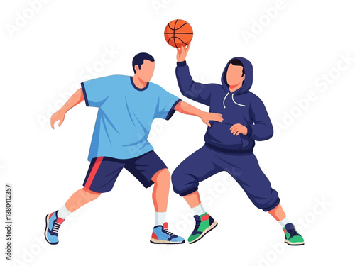 Flat vector illustration of two basketball players in action