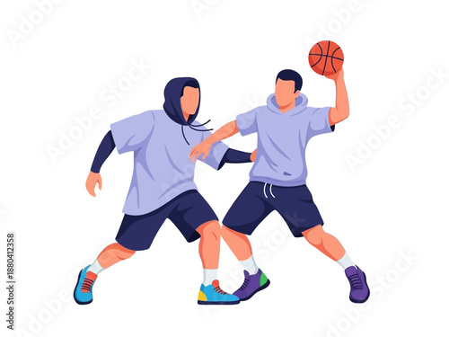 Flat vector illustration of two basketball players in action