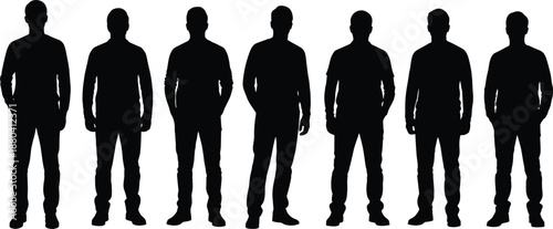 Collection of black casual men silhouettes featuring various young male figures standing in everyday fashion outfits for lifestyle and community design.