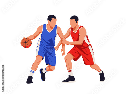 Flat vector illustration of two basketball players in action