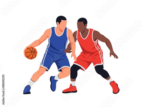 Flat vector illustration of two basketball players in action