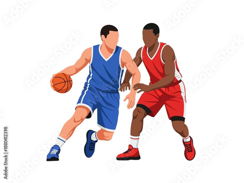 Flat vector illustration of two basketball players in action