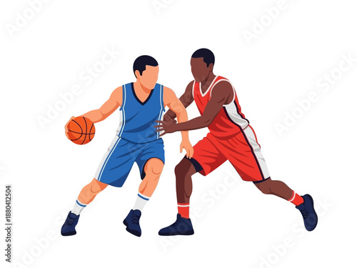 Flat vector illustration of two basketball players in action