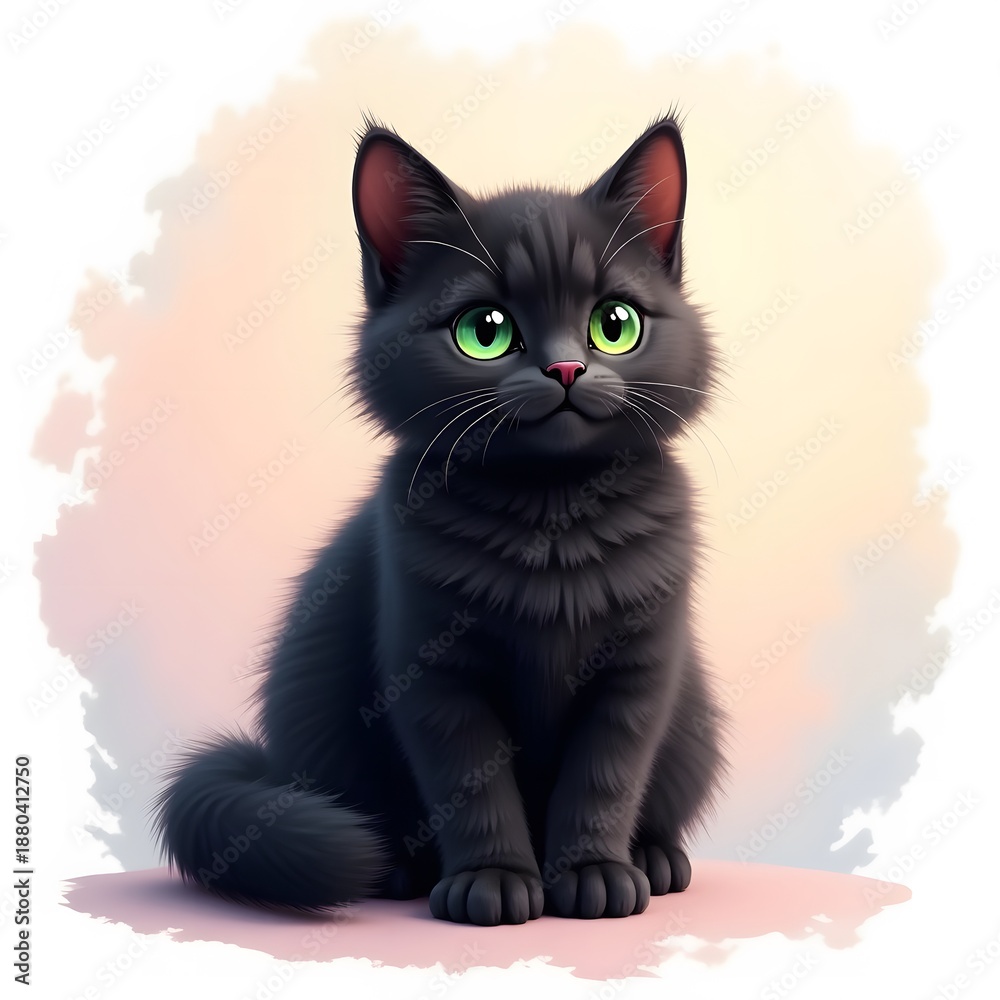 Obraz premium Black cat portrait isolated on white and blue background looking cute and adorable