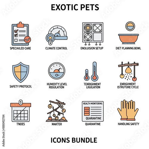 Exotic Pets Care Icons Bundle Illustration Set.