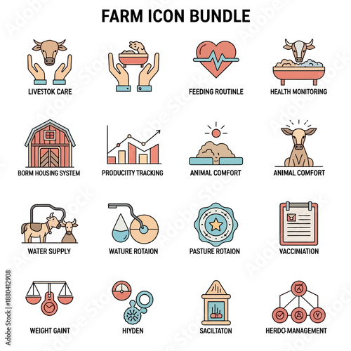 Farm Icon Set with Livestock and Agriculture.