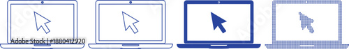 Laptop computer with mouse cursor icon set for digital workstation