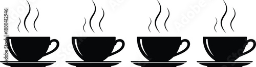 Collection of black hot coffee cup silhouettes with steam on saucers, perfect for cafe menus, morning breakfast, and restaurant branding.