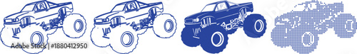 Monster truck racing vehicle set in various artistic graphic styles