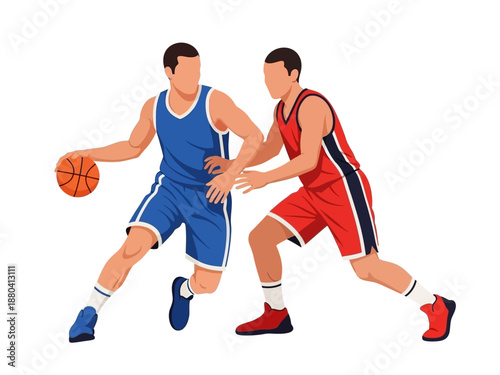 Flat vector illustration of two basketball players in action