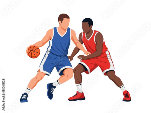 Flat vector illustration of two basketball players in action