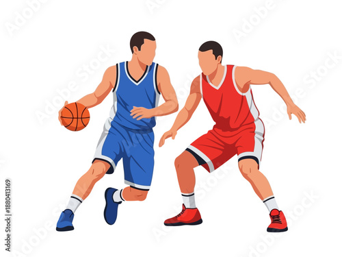Flat vector illustration of two basketball players in action