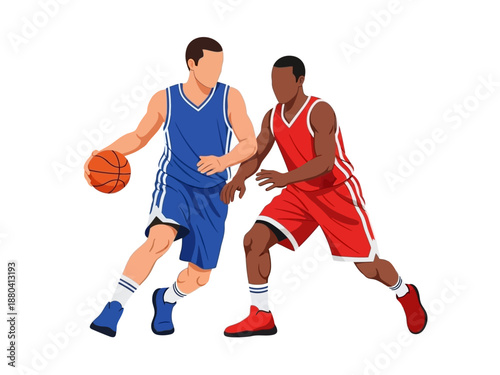 Flat vector illustration of two basketball players in action