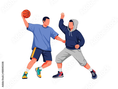 Flat vector illustration of two basketball players in action