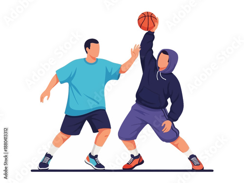 Flat vector illustration of two basketball players in action
