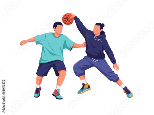 Flat vector illustration of two basketball players in action