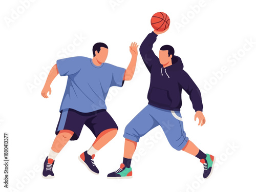 Flat vector illustration of two basketball players in action