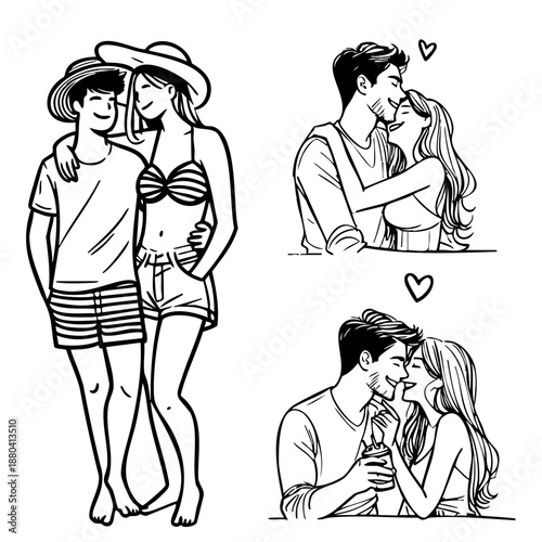 Collection of happy couples in love: embracing, kissing, and sharing drinks. Hand-drawn vector line art for romantic dates, summer vacations, and wedding concepts.
