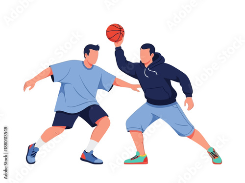 Flat vector illustration of two basketball players in action
