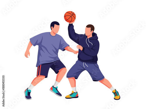 Flat vector illustration of two basketball players in action