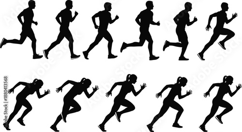 Collection of black running silhouettes featuring men and women in various sprinting and jogging poses for fitness, athletics, and sports.