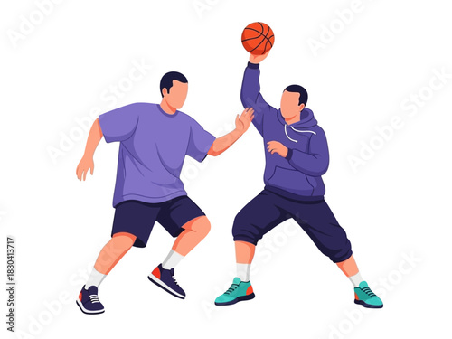 Flat vector illustration of two basketball players in action