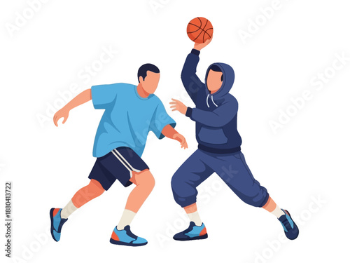 Flat vector illustration of two basketball players in action