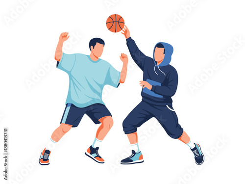 Flat vector illustration of two basketball players in action