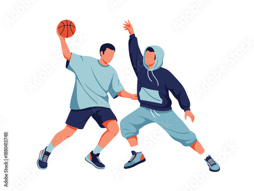 Flat vector illustration of two basketball players in action