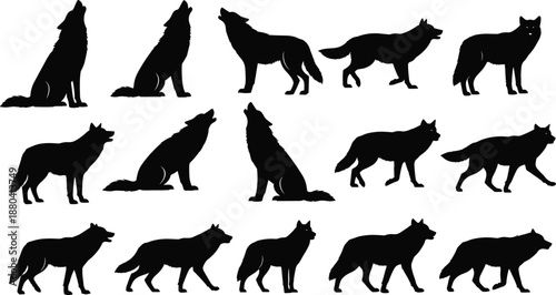 Collection of black wolf silhouettes featuring various poses including howling, standing, walking, and sitting for wildlife, nature, and predator design.