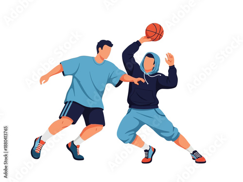 Flat vector illustration of two basketball players in action