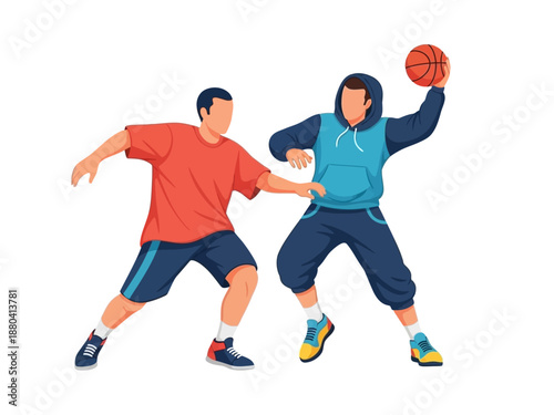 Flat vector illustration of two basketball players in action