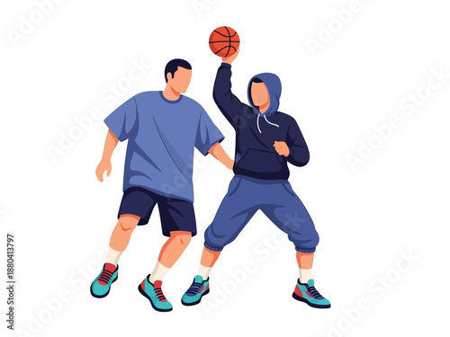 Flat vector illustration of two basketball players in action