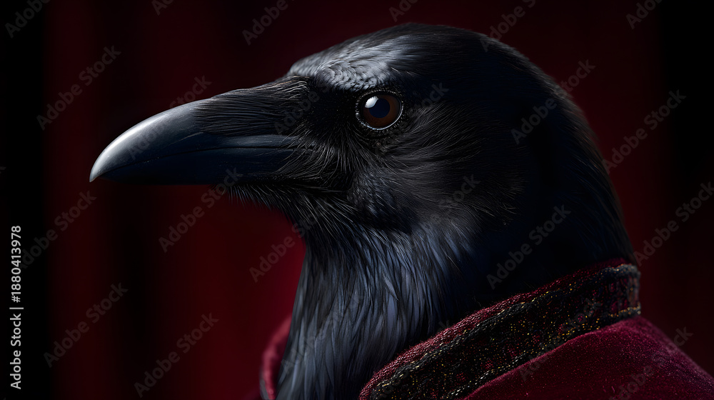 Naklejka premium Raven's Regal Gaze: A striking, photorealistic image of a raven. The raven, adorned in a velvet collar and against a backdrop of rich crimson, captivates with its piercing gaze.