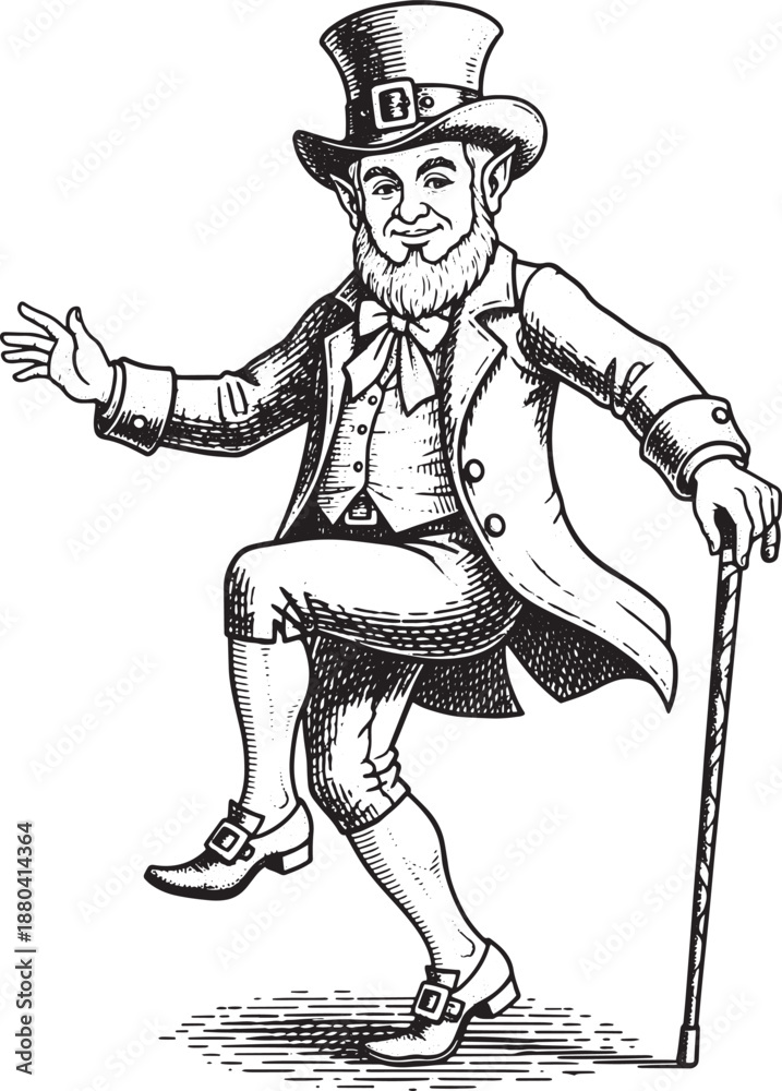 Fototapeta premium A vintage Irish leprechaun in top hat and coat dancing with a cane in an elegant pose, captured in a classic illustration, engraving style, vector illustration