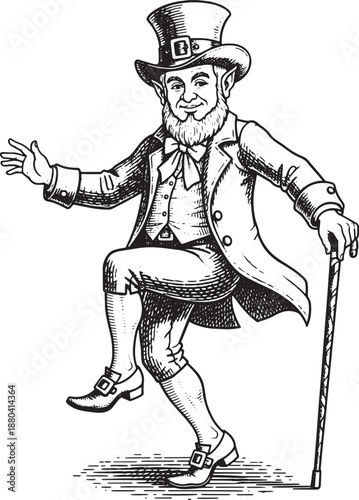 A vintage Irish leprechaun in top hat and coat dancing with a cane in an elegant pose, captured in a classic illustration, engraving style, vector illustration